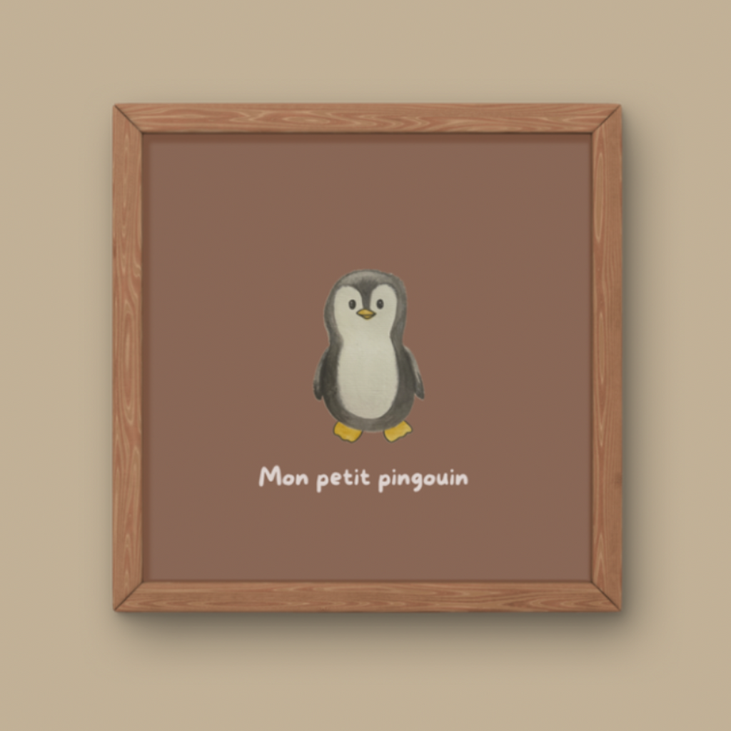 Illustration minimaliste bébé pingouin debout avec texte Mon petit pingouin pour décoration chambre enfant thème banquise.