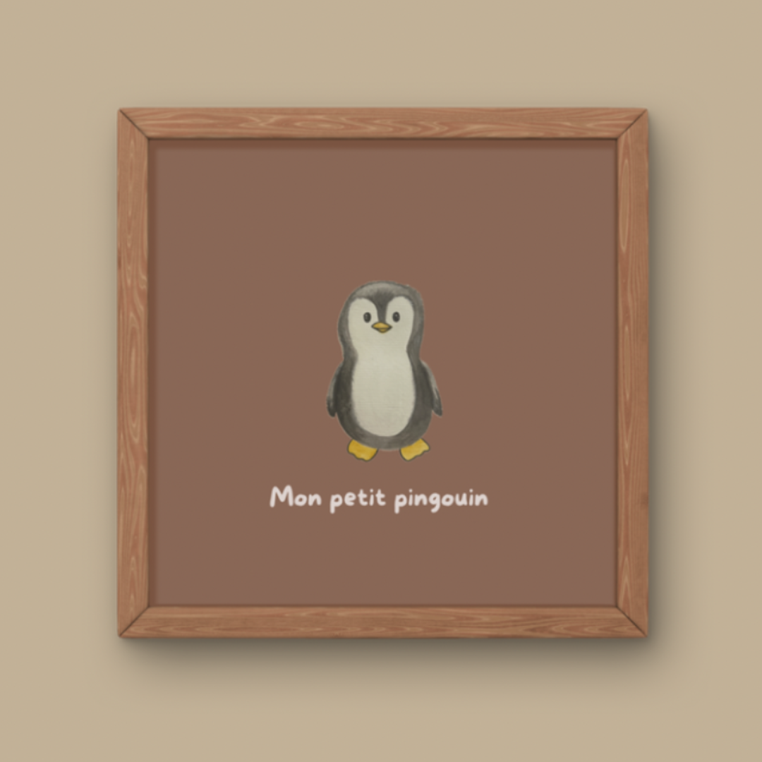 Illustration minimaliste bébé pingouin debout avec texte Mon petit pingouin pour décoration chambre enfant thème banquise.