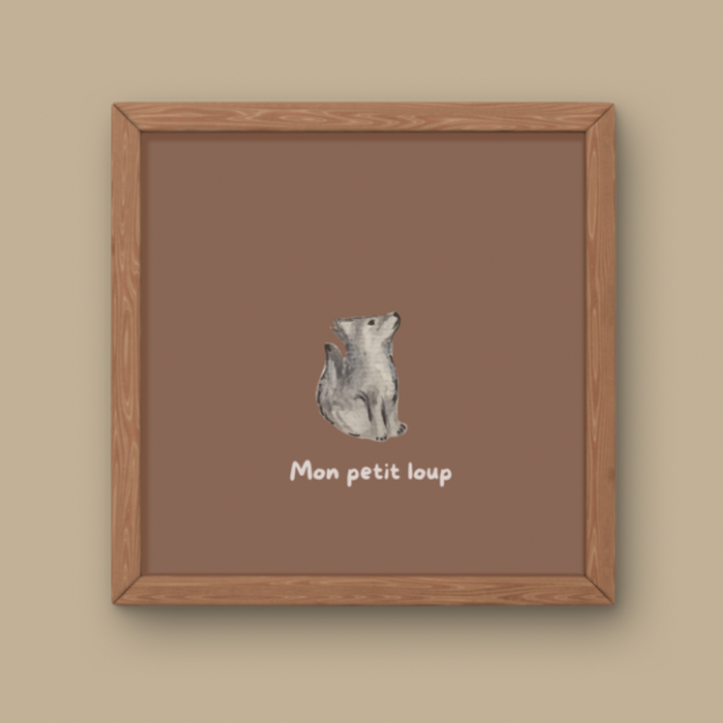 Illustration minimaliste louveteau gris assis regardant vers le haut avec texte Mon petit loup pour décoration chambre enfant thème forêt.
