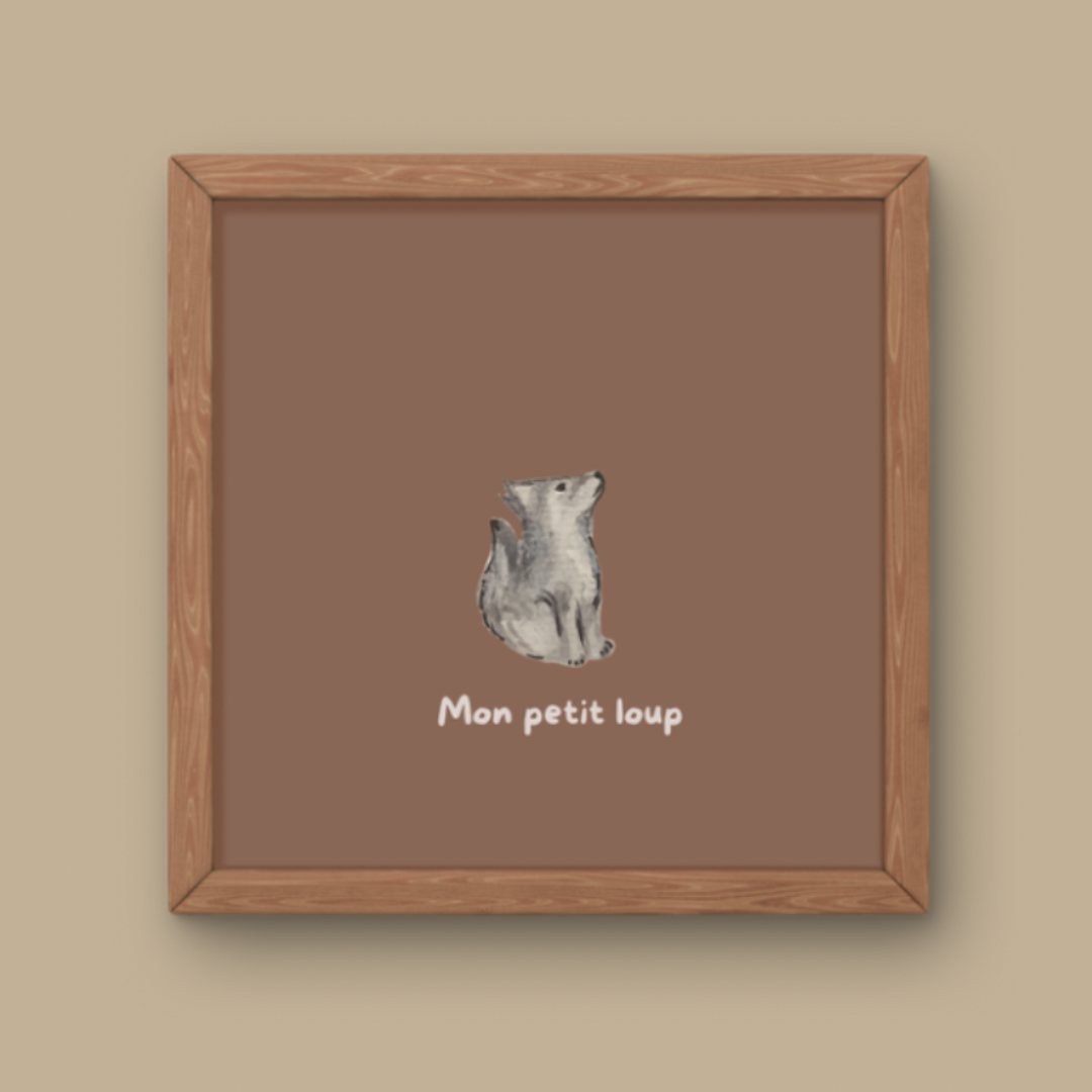Illustration minimaliste louveteau gris assis regardant vers le haut avec texte Mon petit loup pour décoration chambre enfant thème forêt.