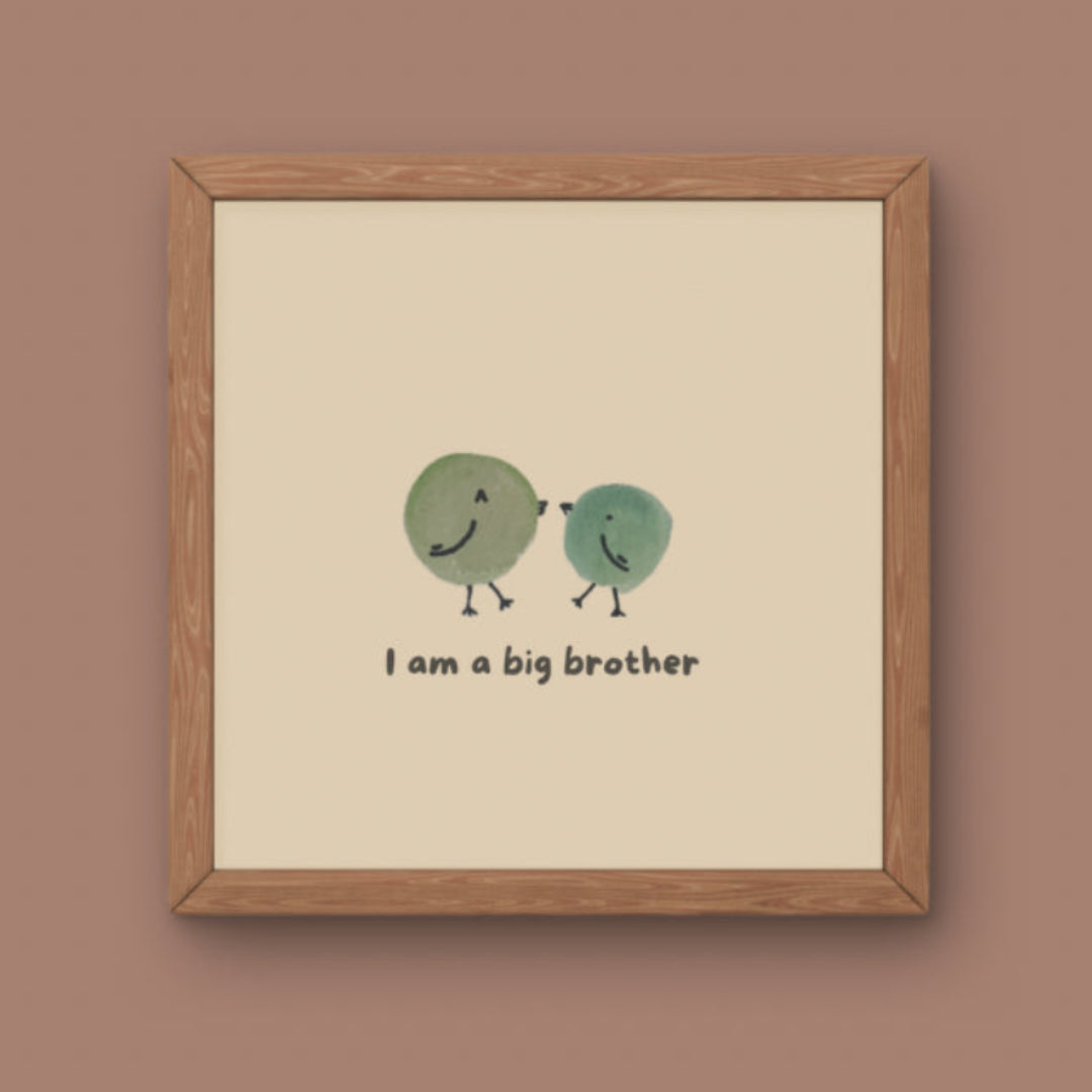 Illustration minimaliste deux oiseaux verts ronds avec texte I am a big brother pour cadeau grand frère et décoration chambre enfant.
