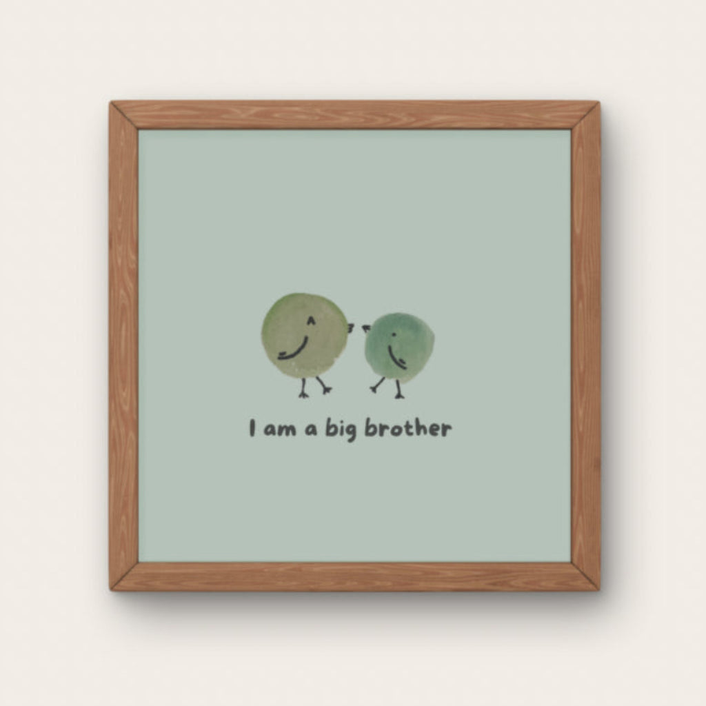 Illustration minimaliste deux oiseaux verts ronds avec texte I am a big brother pour cadeau grand frère et décoration chambre enfant.