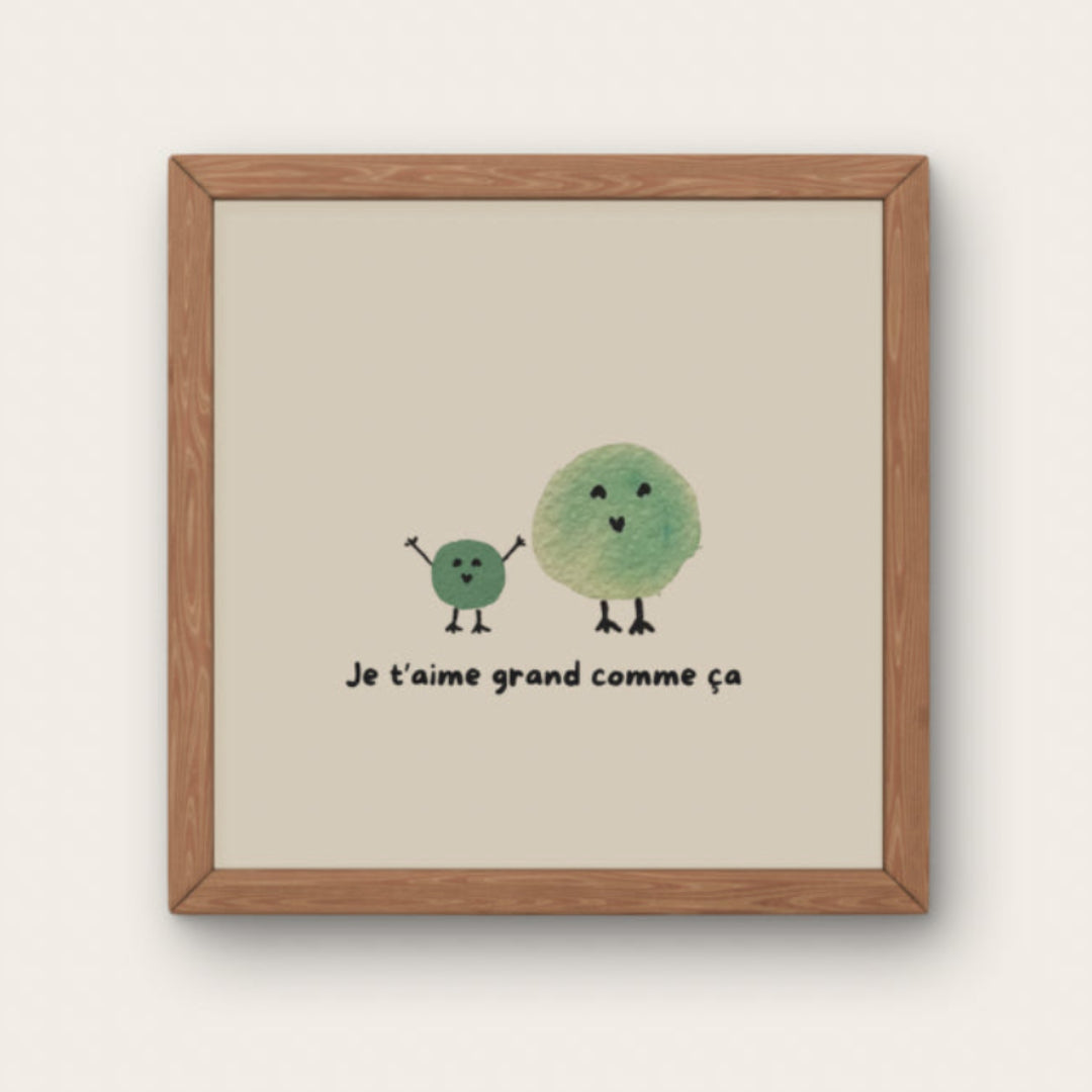 Illustration minimaliste deux oiseaux verts avec texte Je t'aime grand comme ça pour décoration chambre bébé mixte.