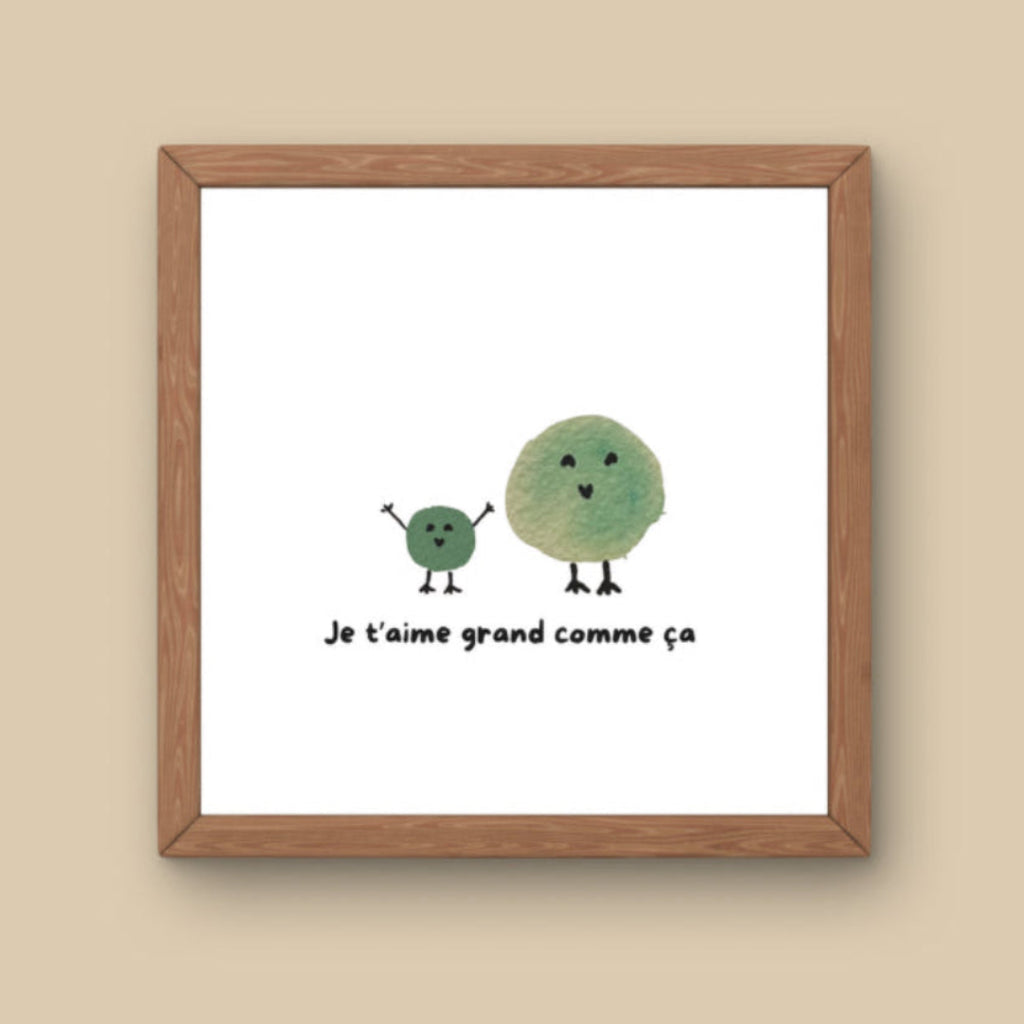 Illustration minimaliste deux oiseaux verts avec texte Je t'aime grand comme ça pour décoration chambre bébé mixte.