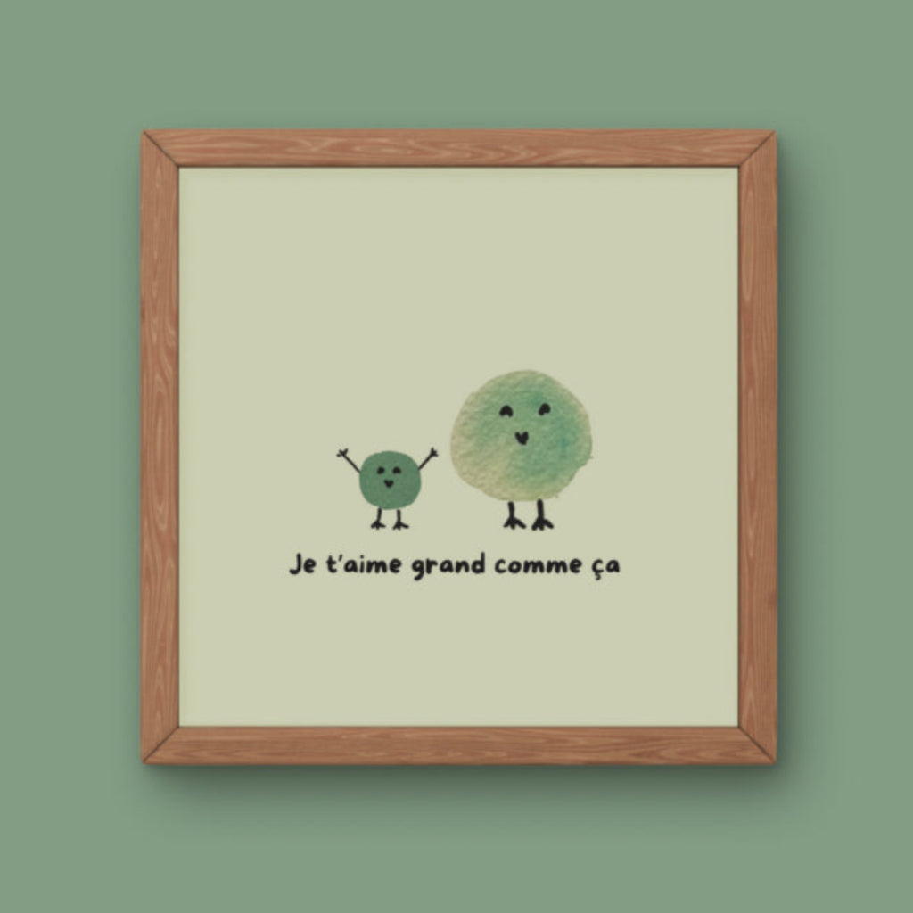 Illustration minimaliste deux oiseaux verts avec texte Je t'aime grand comme ça pour décoration chambre bébé mixte.