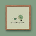Illustration minimaliste deux oiseaux verts avec texte Je t'aime grand comme ça pour décoration chambre bébé mixte.