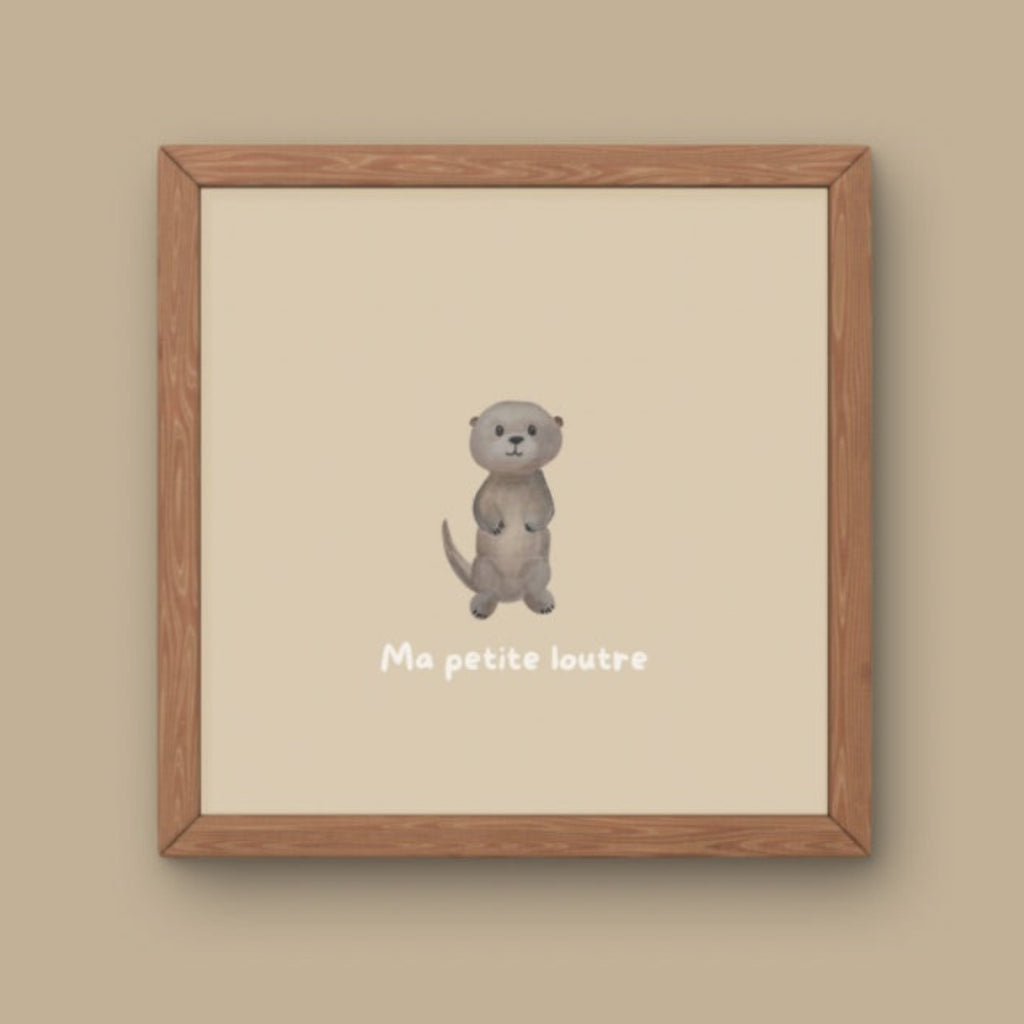 Illustration minimaliste loutre debout mignonne avec texte Ma petite loutre pour décoration chambre bébé thème nature.