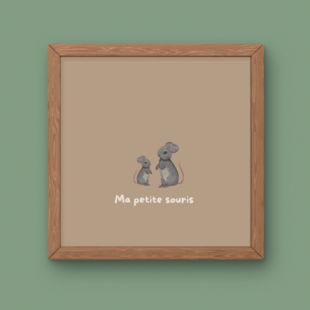 Illustration minimaliste deux souris grises debout face à face avec texte Ma petite souris pour décoration chambre bébé.