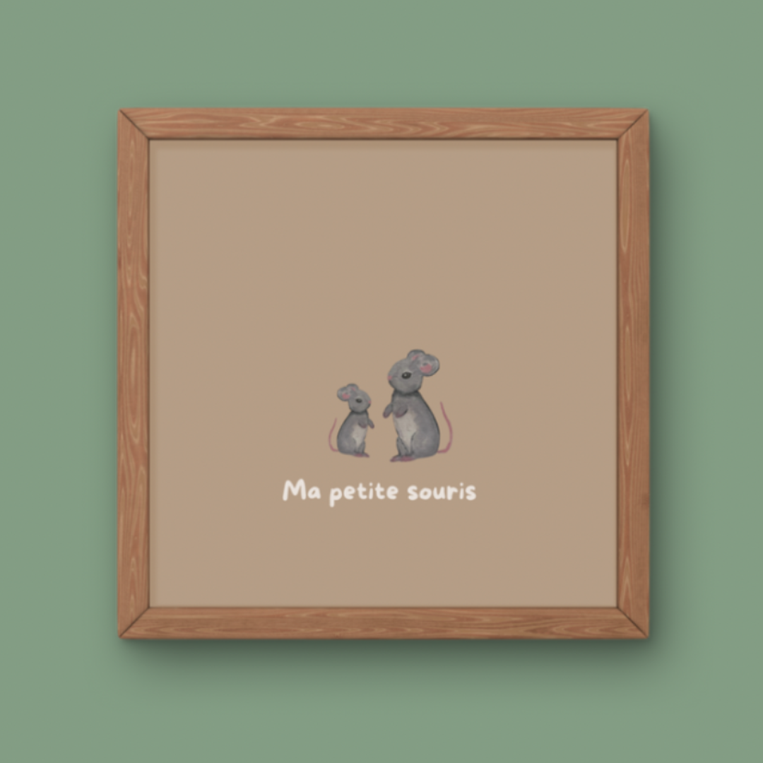 Illustration minimaliste deux souris grises debout face à face avec texte Ma petite souris pour décoration chambre bébé.