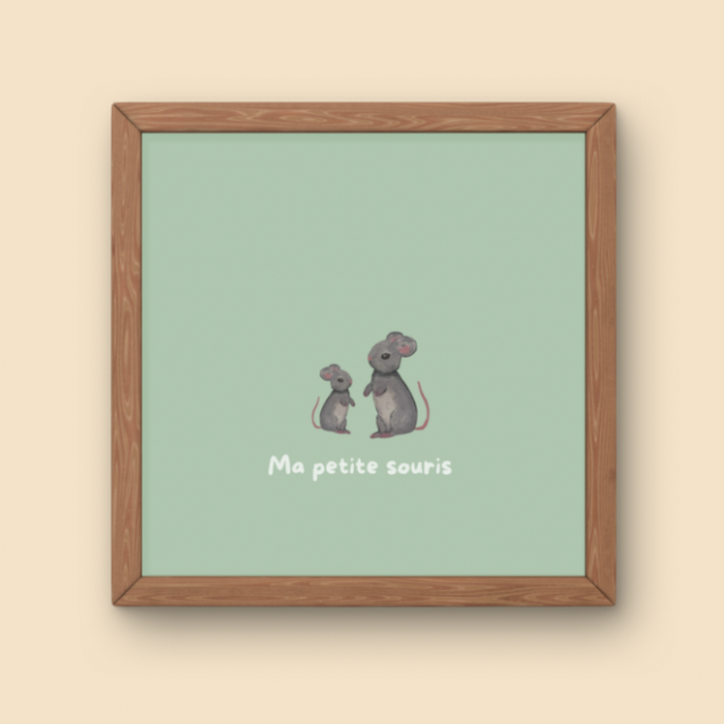 Illustration minimaliste deux souris grises debout face à face avec texte Ma petite souris pour décoration chambre bébé.