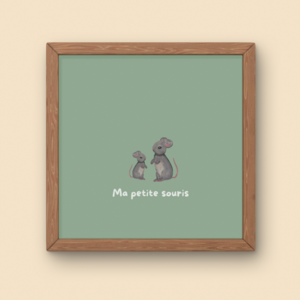 Illustration minimaliste deux souris grises debout face à face avec texte Ma petite souris pour décoration chambre bébé.