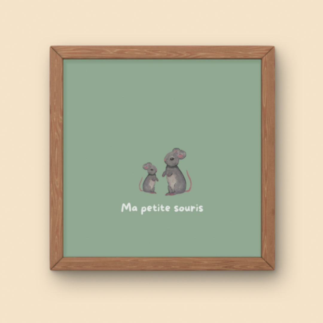 Illustration minimaliste deux souris grises debout face à face avec texte Ma petite souris pour décoration chambre bébé.