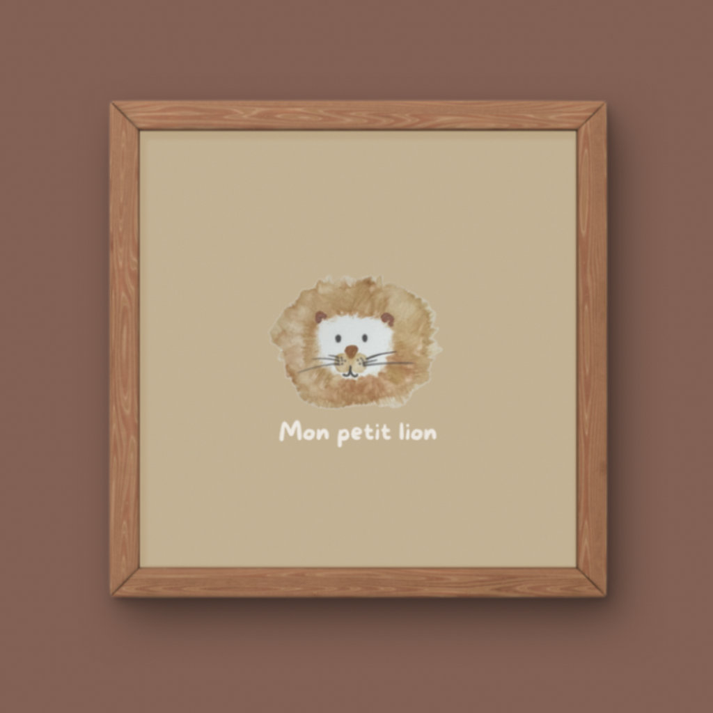 Illustration minimaliste tête de lionceau avec crinière et texte Mon petit lion pour décoration chambre bébé thème savane.