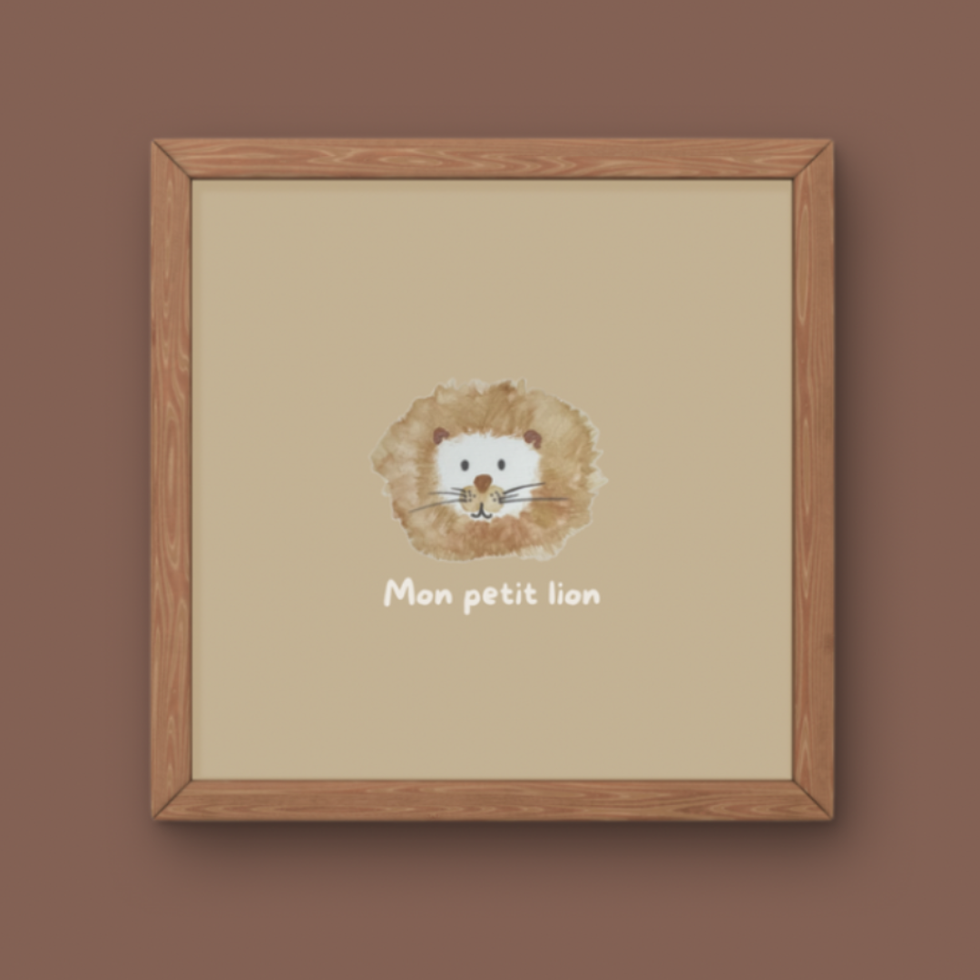 Illustration minimaliste tête de lionceau avec crinière et texte Mon petit lion pour décoration chambre bébé thème savane.