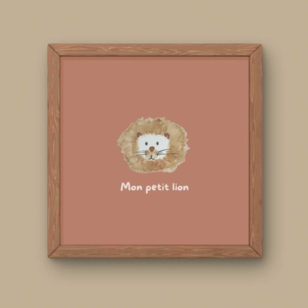 Illustration minimaliste tête de lionceau avec crinière et texte Mon petit lion pour décoration chambre bébé thème savane.