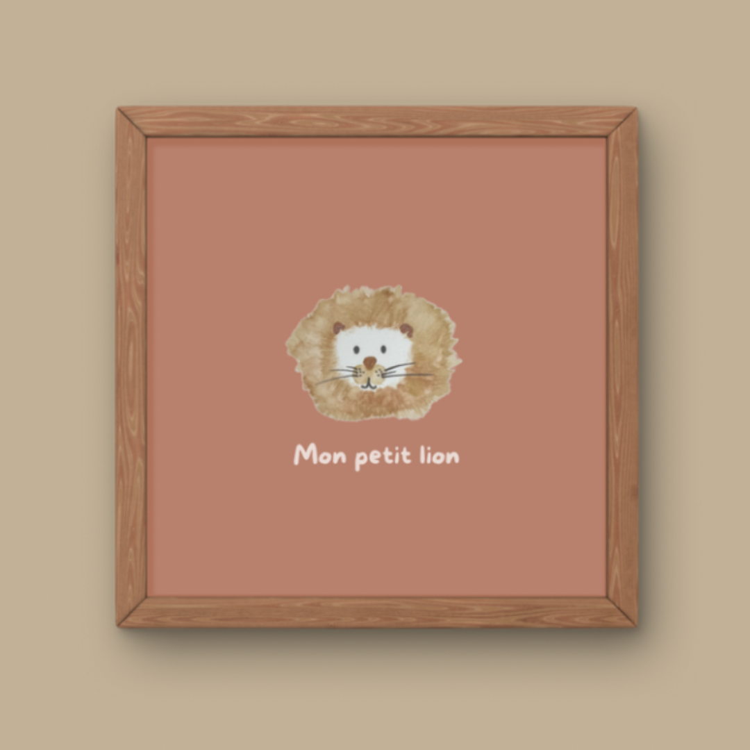 Illustration minimaliste tête de lionceau avec crinière et texte Mon petit lion pour décoration chambre bébé thème savane.