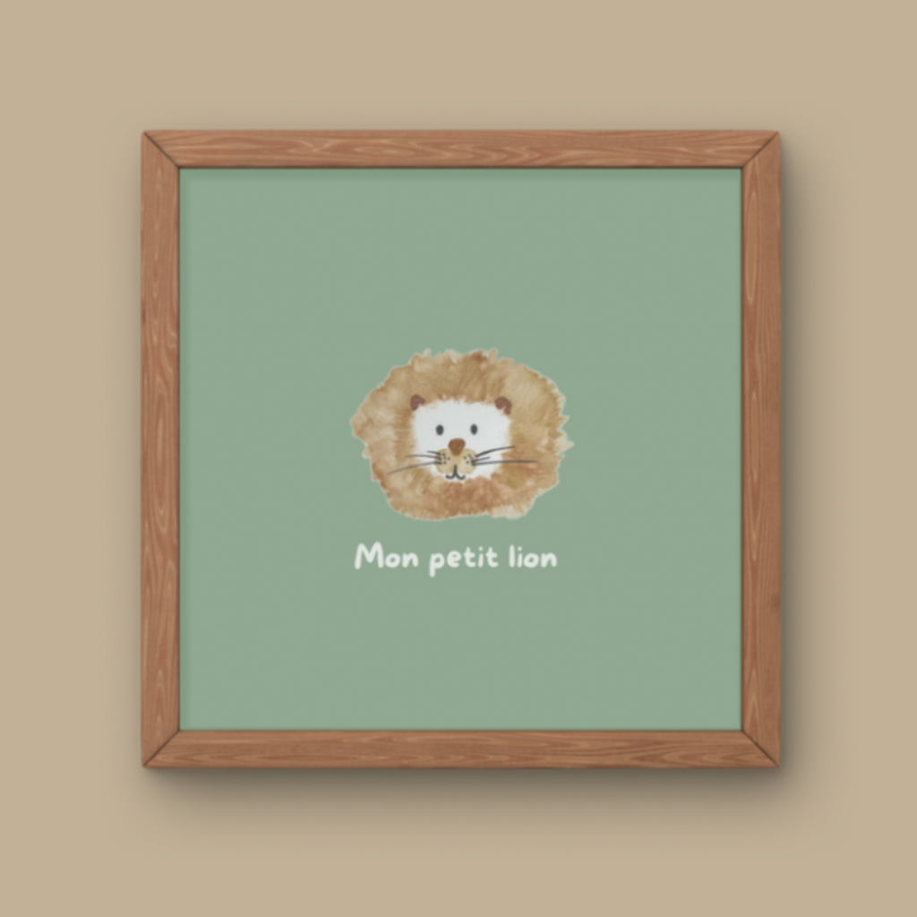Illustration minimaliste tête de lionceau avec crinière et texte Mon petit lion pour décoration chambre bébé thème savane.