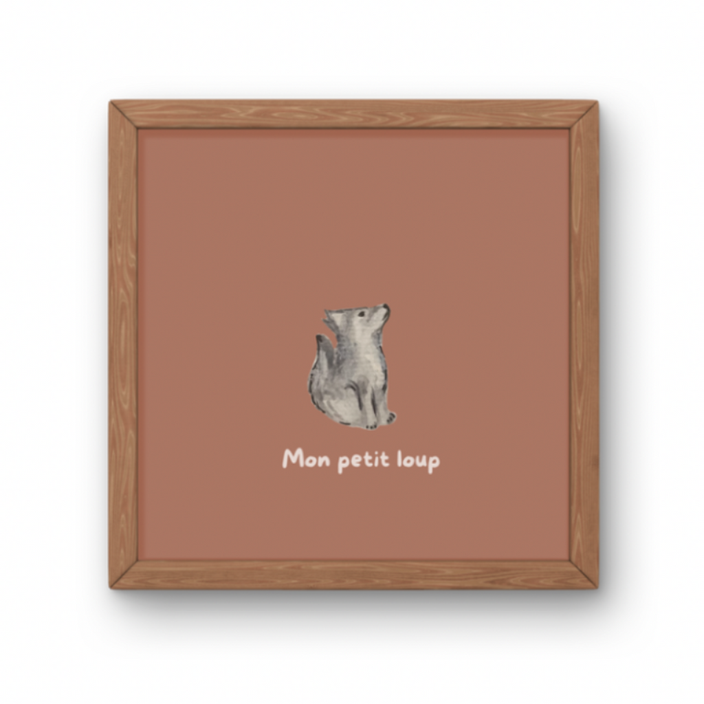 Illustration minimaliste louveteau gris assis regardant vers le haut avec texte Mon petit loup pour décoration chambre enfant thème forêt.