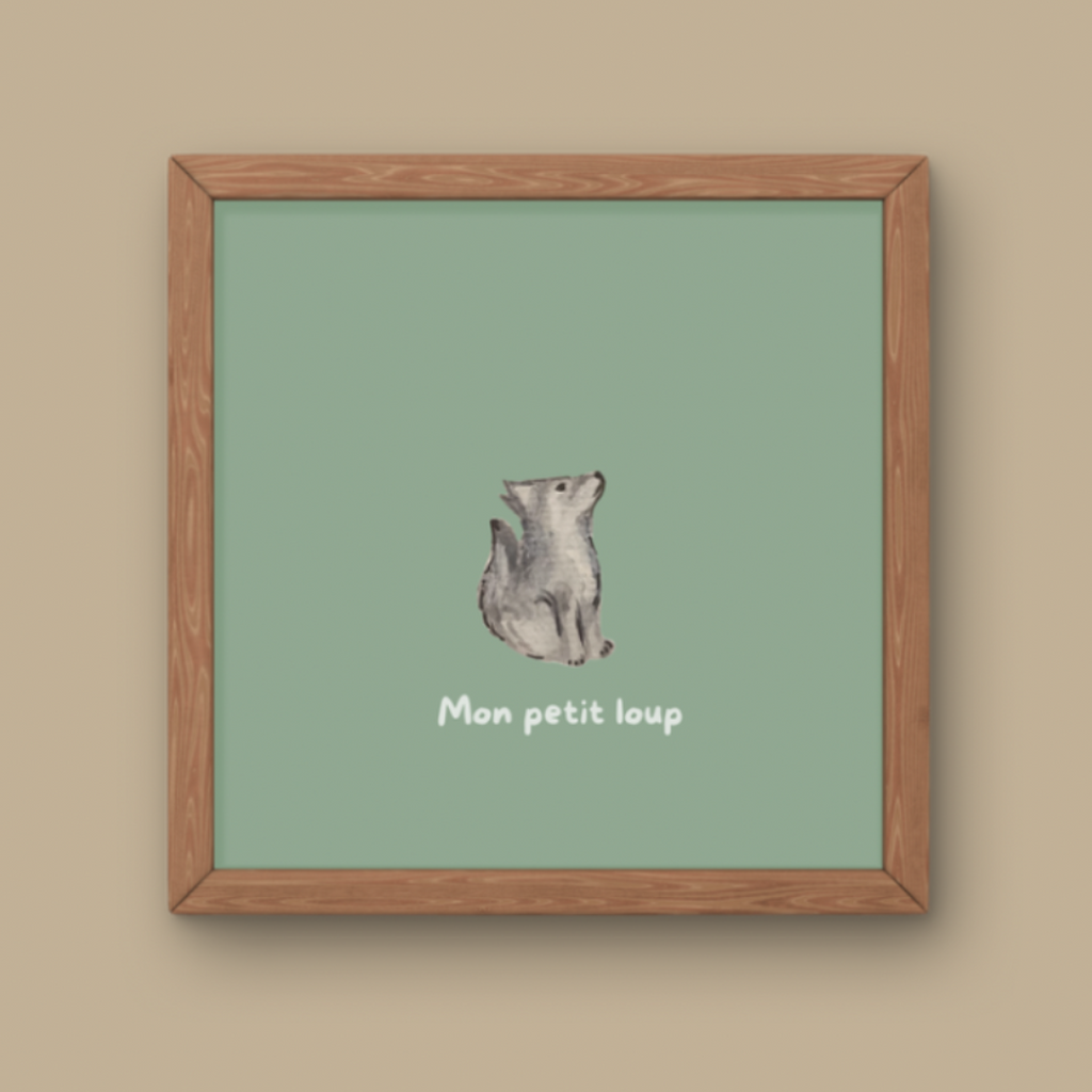 Illustration minimaliste louveteau gris assis regardant vers le haut avec texte Mon petit loup pour décoration chambre enfant thème forêt.