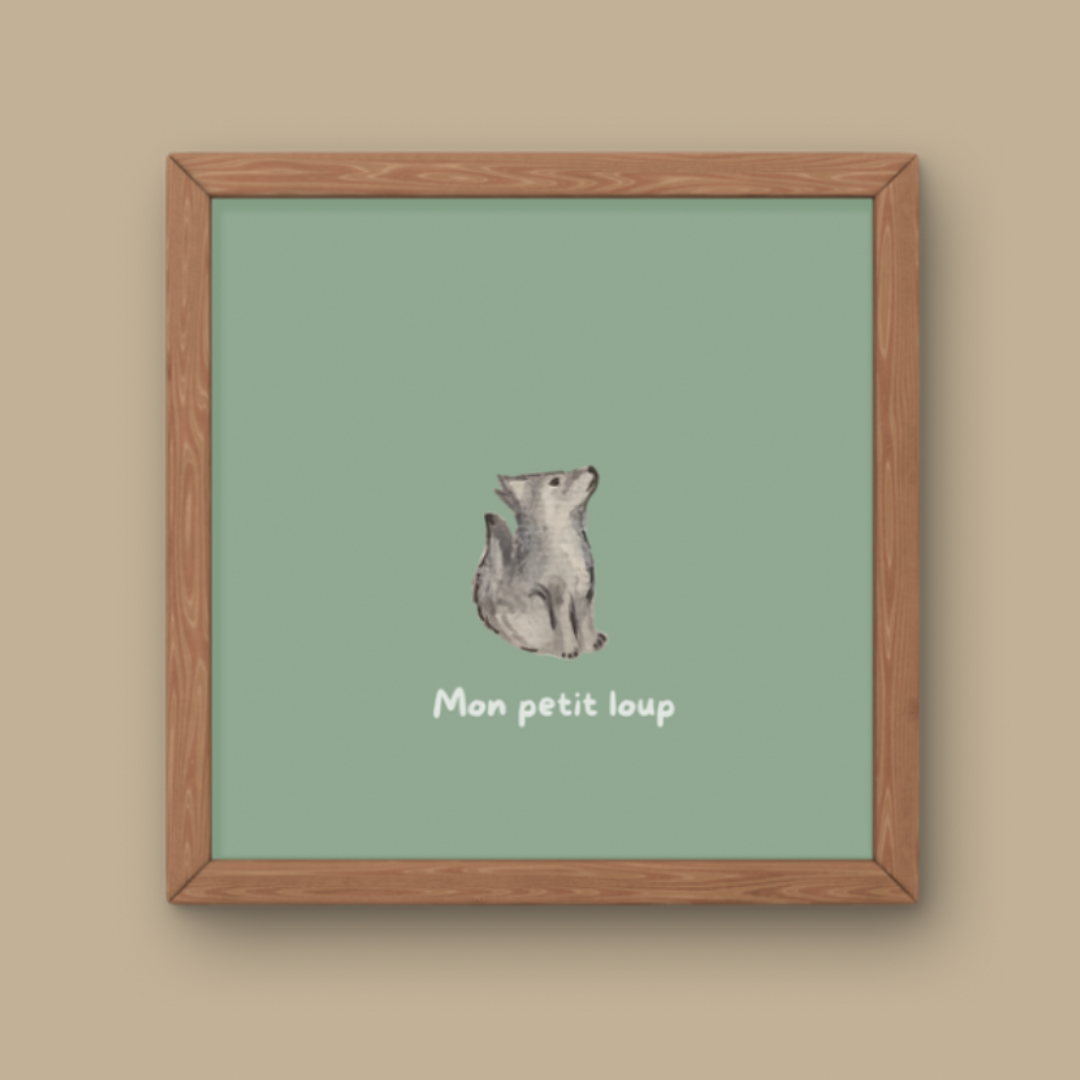 Illustration minimaliste louveteau gris assis regardant vers le haut avec texte Mon petit loup pour décoration chambre enfant thème forêt.
