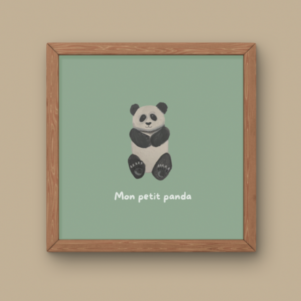 Illustration minimaliste panda assis noir et blanc avec texte Mon petit panda pour décoration chambre bébé.