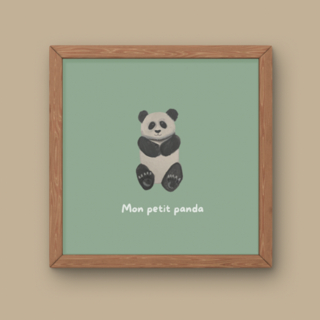 Illustration minimaliste panda assis noir et blanc avec texte Mon petit panda pour décoration chambre bébé.