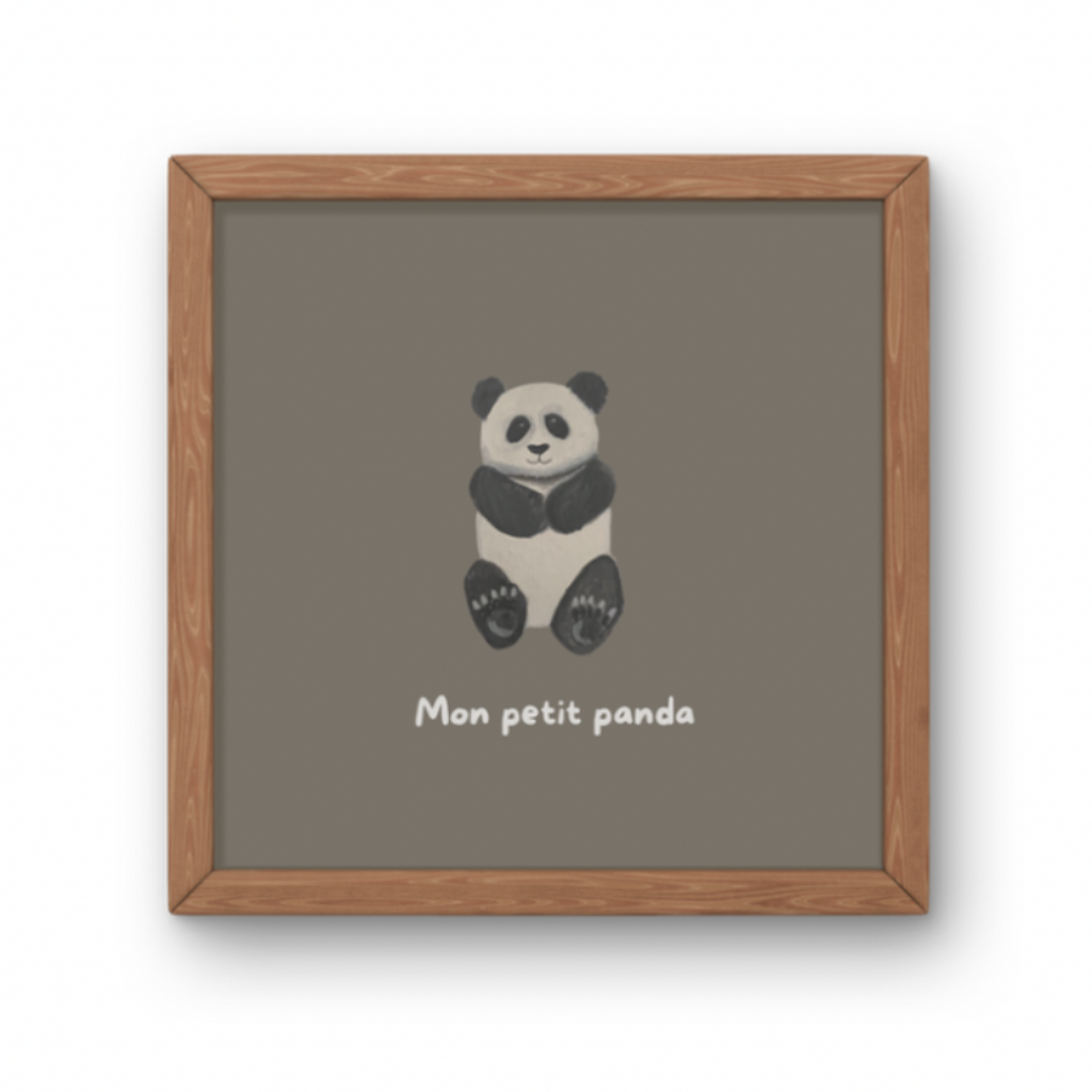 Illustration minimaliste panda assis noir et blanc avec texte Mon petit panda pour décoration chambre bébé.