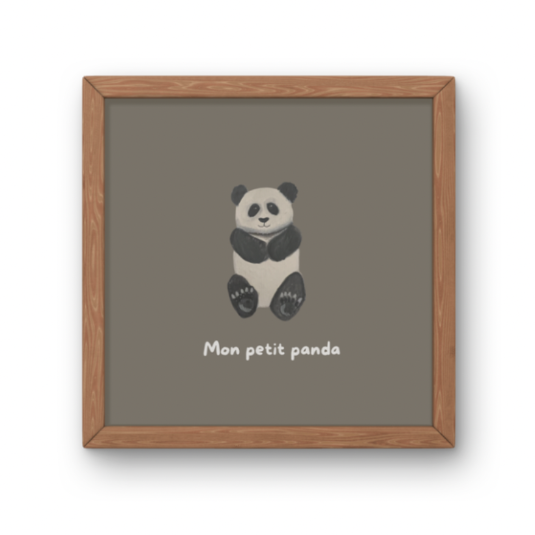 Illustration minimaliste panda assis noir et blanc avec texte Mon petit panda pour décoration chambre bébé.
