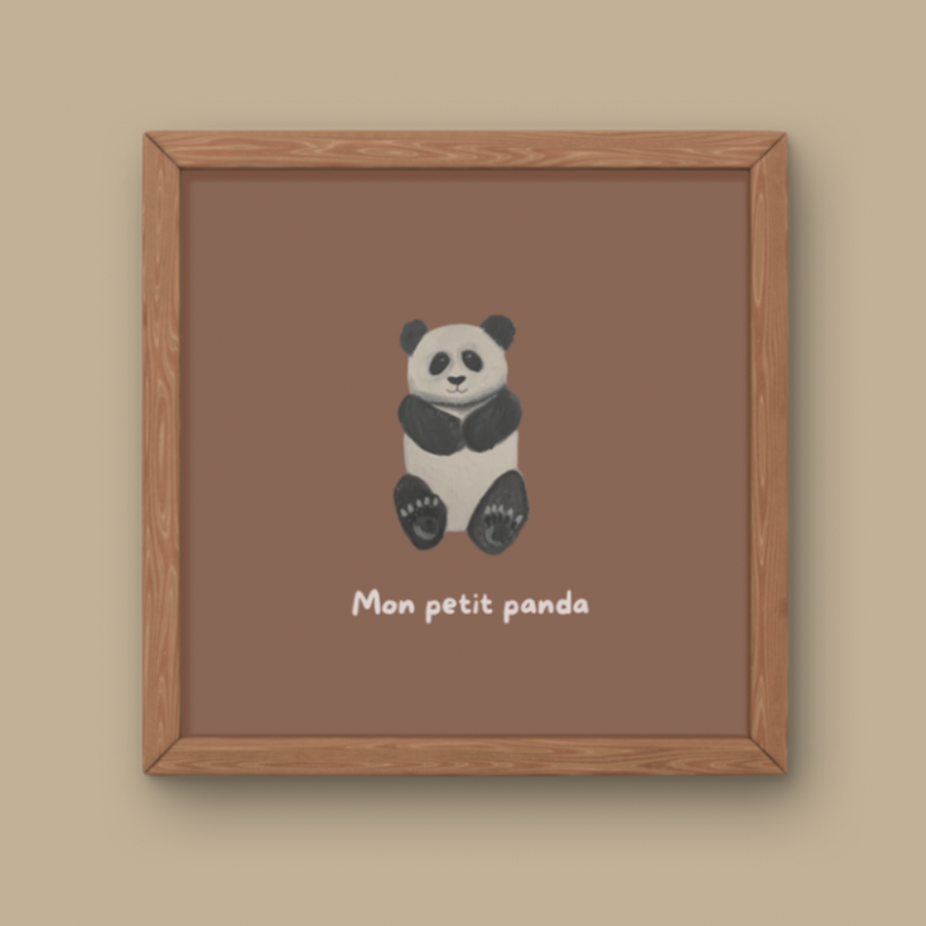 Illustration minimaliste panda assis noir et blanc avec texte Mon petit panda pour décoration chambre bébé.