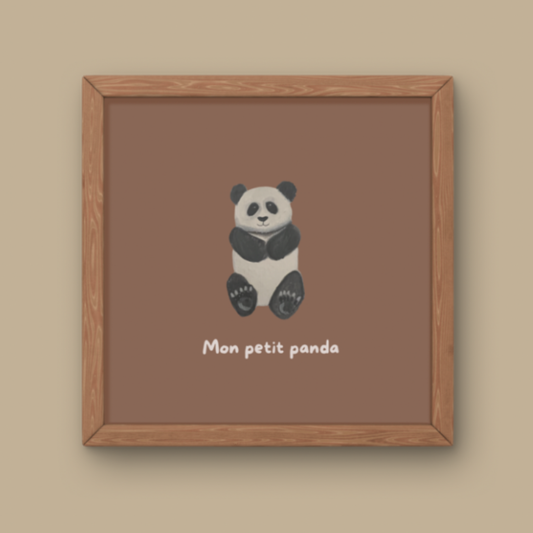 Illustration minimaliste panda assis noir et blanc avec texte Mon petit panda pour décoration chambre bébé.