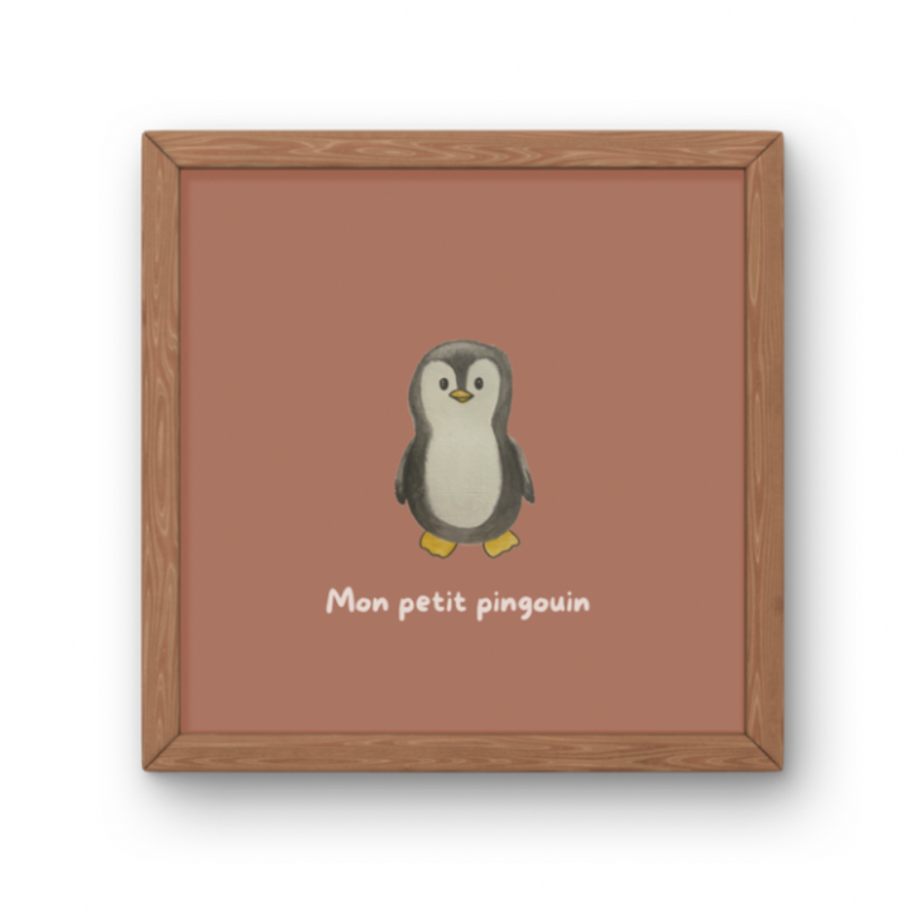 Illustration minimaliste bébé pingouin debout avec texte Mon petit pingouin pour décoration chambre enfant thème banquise.