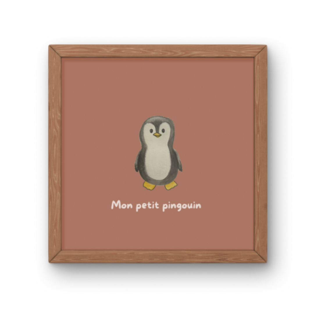 Illustration minimaliste bébé pingouin debout avec texte Mon petit pingouin pour décoration chambre enfant thème banquise.