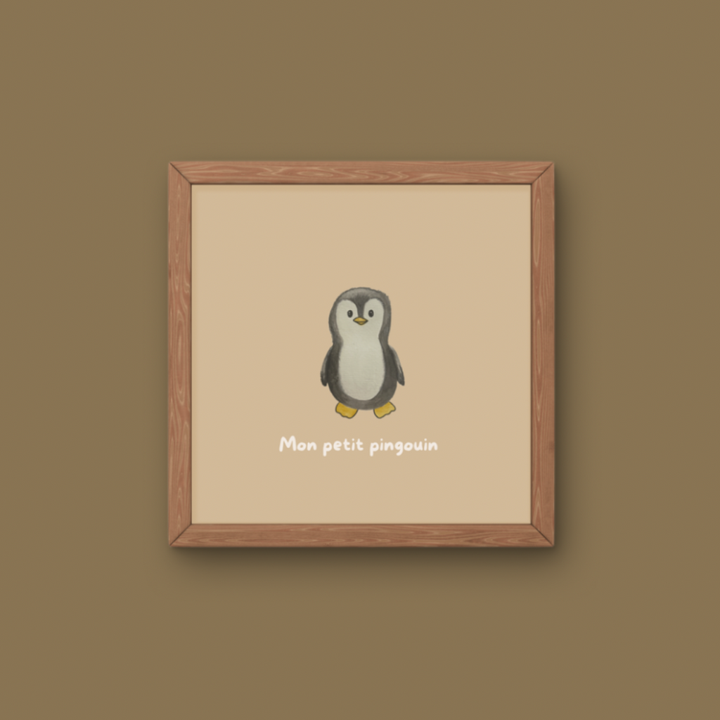 Illustration minimaliste bébé pingouin debout avec texte Mon petit pingouin pour décoration chambre enfant thème banquise.