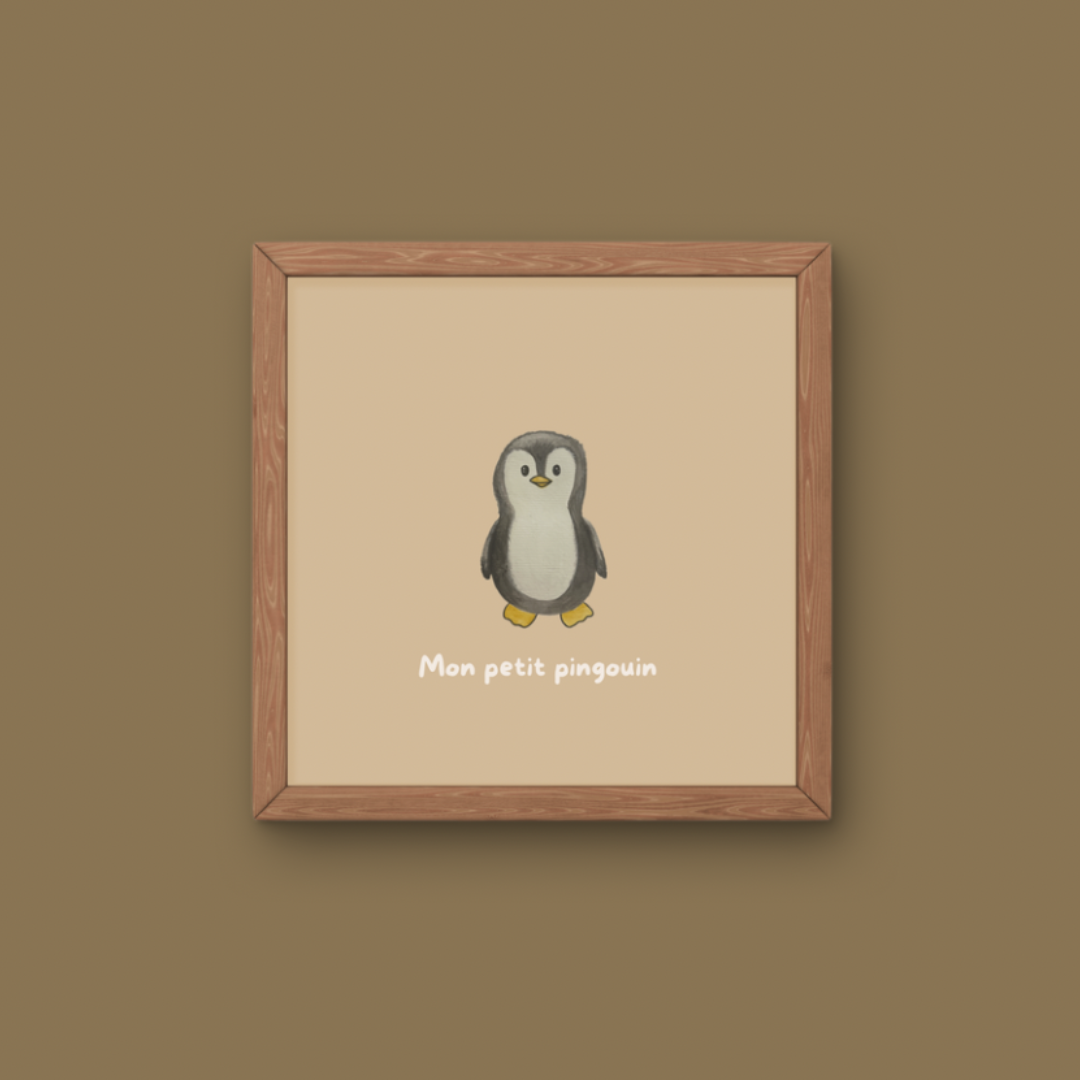Illustration minimaliste bébé pingouin debout avec texte Mon petit pingouin pour décoration chambre enfant thème banquise.