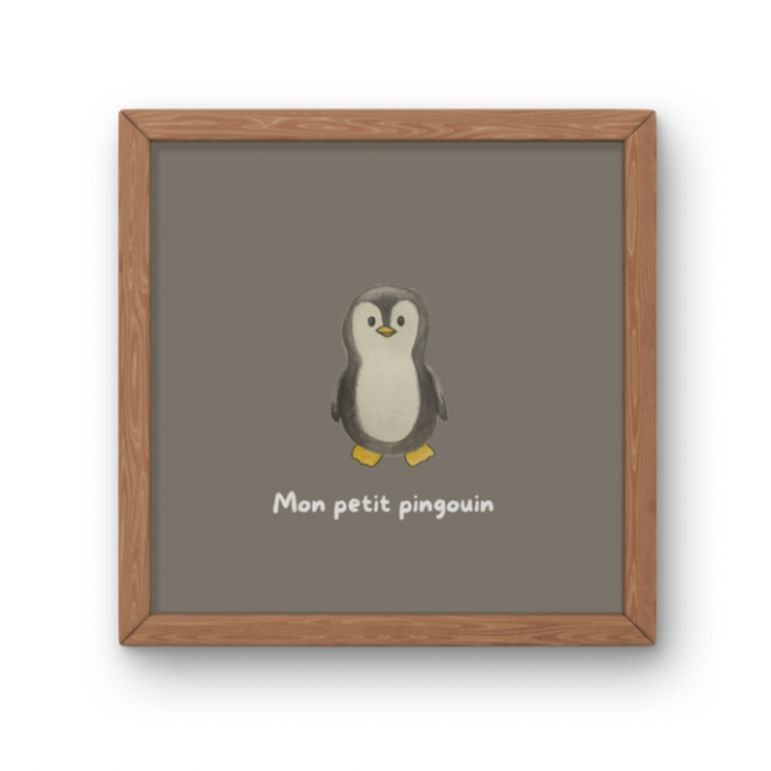 Illustration minimaliste bébé pingouin debout avec texte Mon petit pingouin pour décoration chambre enfant thème banquise.
