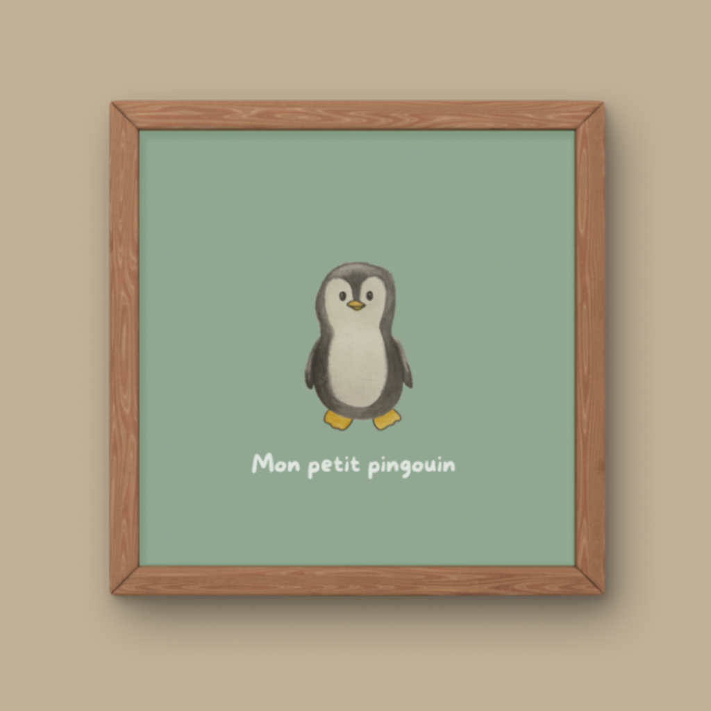 Illustration minimaliste bébé pingouin debout avec texte Mon petit pingouin pour décoration chambre enfant thème banquise.
