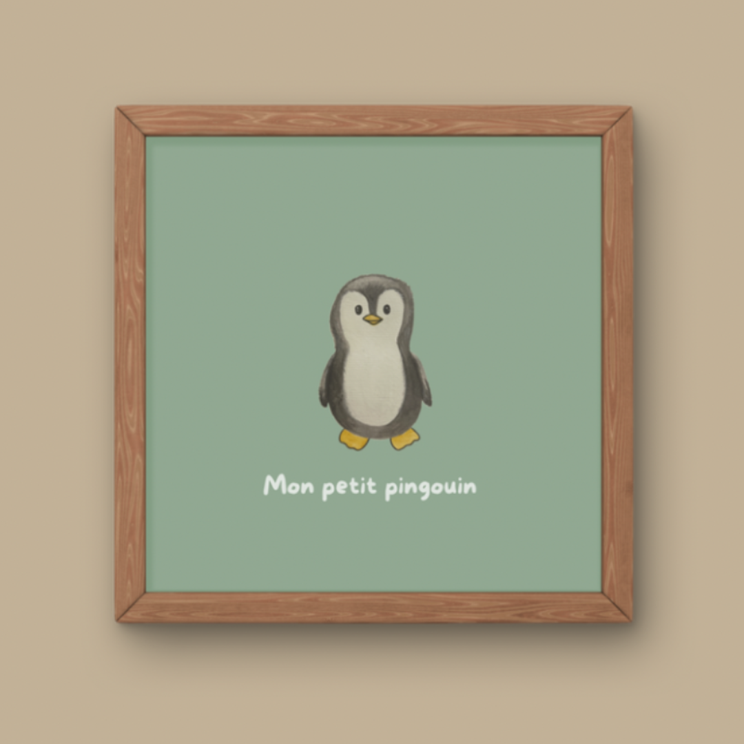 Illustration minimaliste bébé pingouin debout avec texte Mon petit pingouin pour décoration chambre enfant thème banquise.
