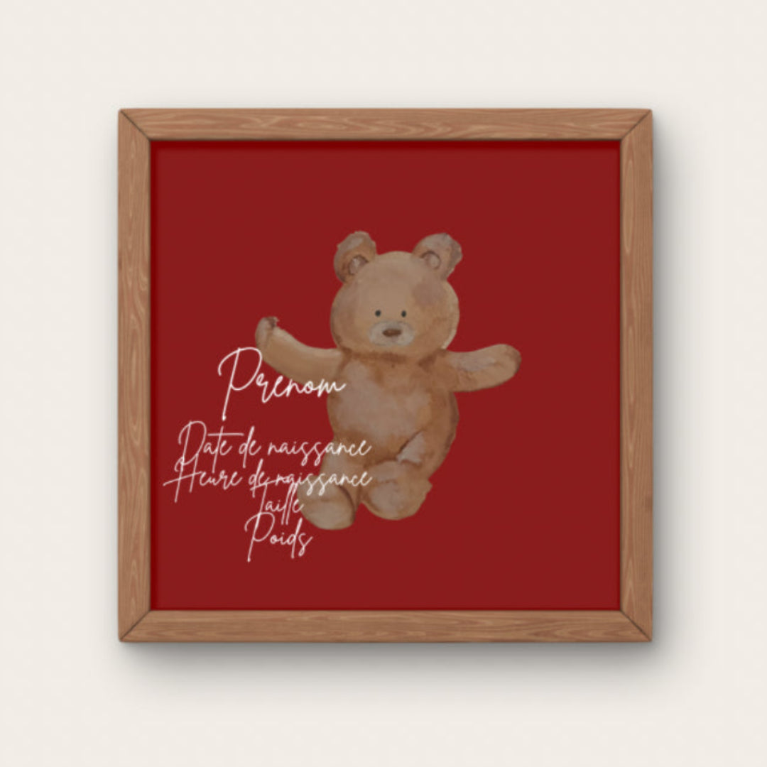 Créez un souvenir unique avec l'affiche de naissance personnalisée "Ours". Inscrivez prénom, poids et date aux côtés d'un tendre ours en peluche.