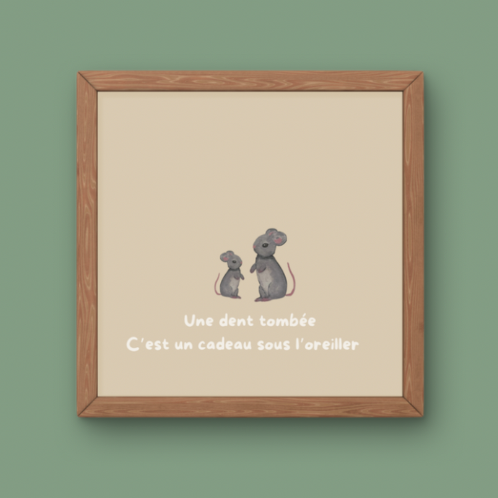 Illustration deux souris grises avec texte Une dent tombée c'est un cadeau sous l'oreiller pour décoration enfant thème Petite Souris.