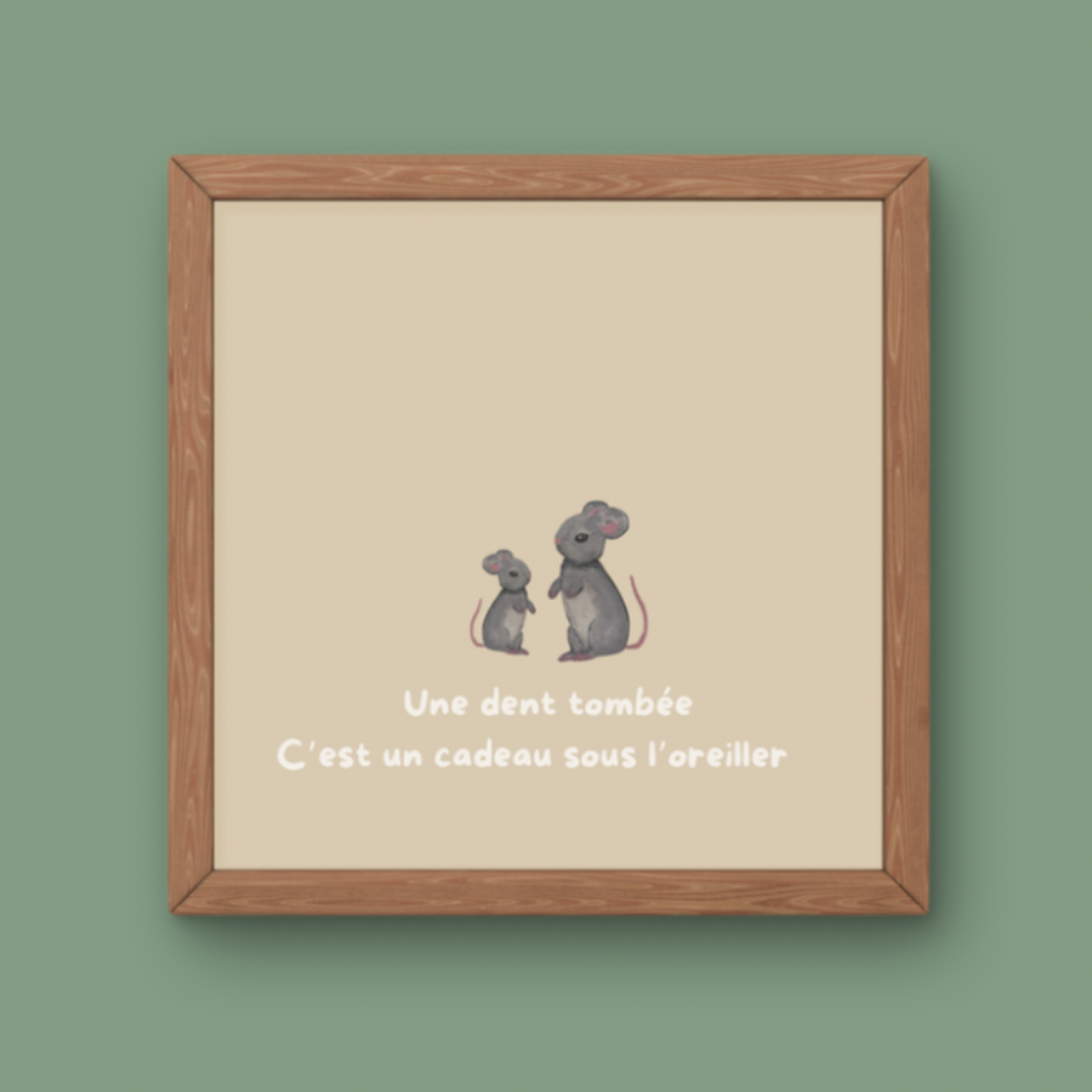 Illustration deux souris grises avec texte Une dent tombée c'est un cadeau sous l'oreiller pour décoration enfant thème Petite Souris.