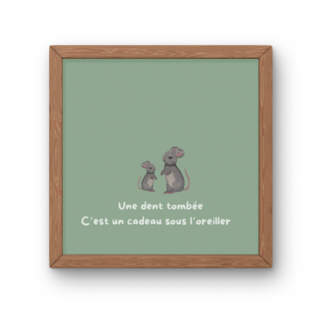 Illustration deux souris grises avec texte Une dent tombée c'est un cadeau sous l'oreiller pour décoration enfant thème Petite Souris.