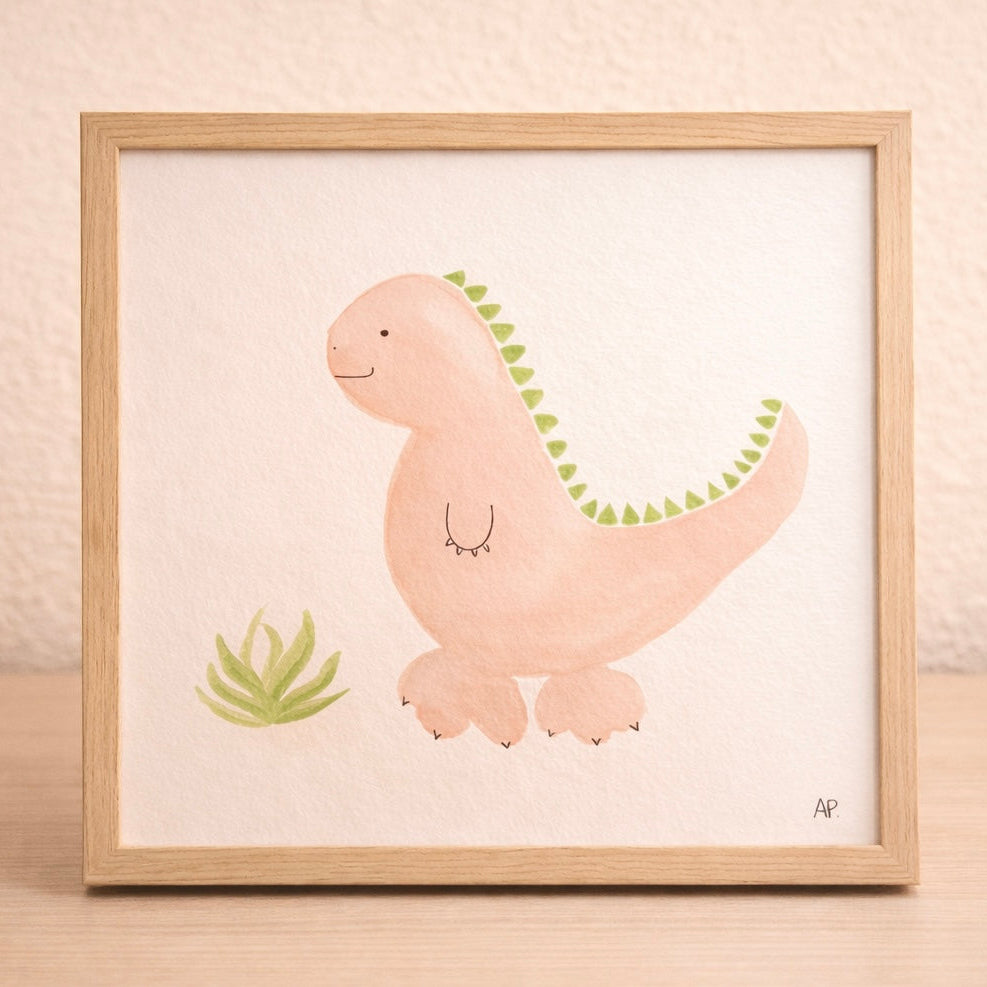 Peinture originale aquarelle représentant un dinosaure rose mignon avec des crêtes vertes, pièce unique pour décoration chambre enfant.
