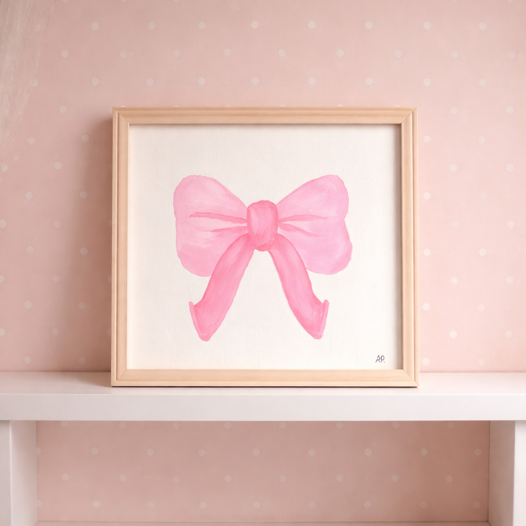 Peinture originale aquarelle représentant un grand nœud rose style coquette, pièce unique pour décoration murale chambre fille.