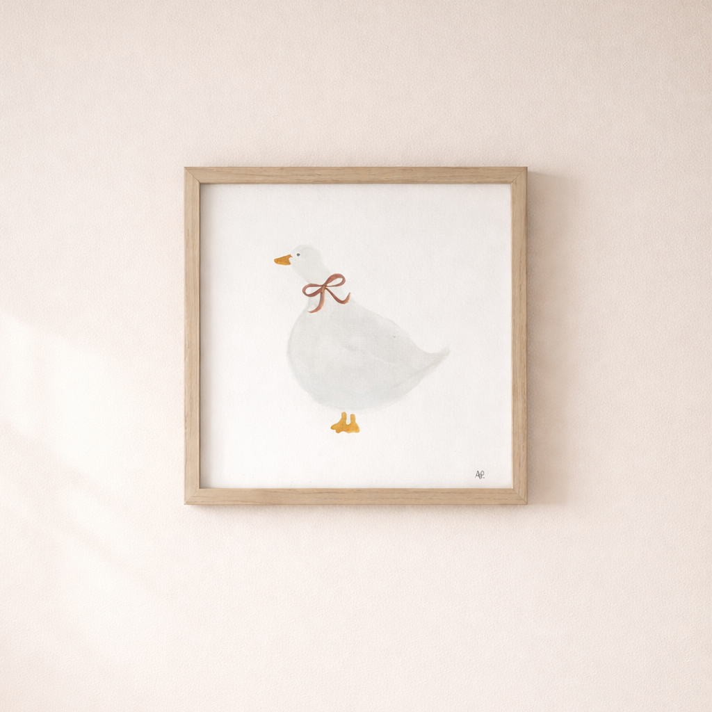 Peinture originale aquarelle représentant une oie blanche debout avec un bec jaune, pièce unique pour décoration thème ferme.