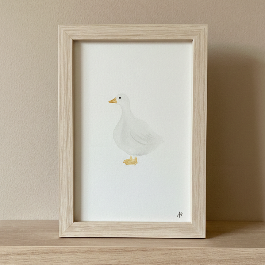 Peinture originale aquarelle représentant une oie blanche debout avec un bec jaune, pièce unique pour décoration thème ferme.