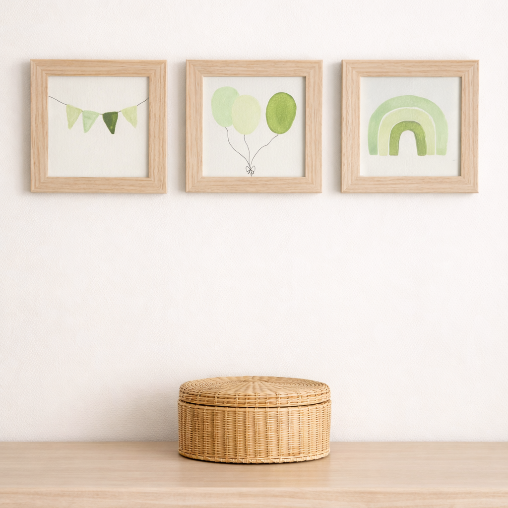 Set de 3 aquarelles originales peintes à la main : arc-en-ciel, ballons et guirlande. Décoration murale chambre enfant style bohème.